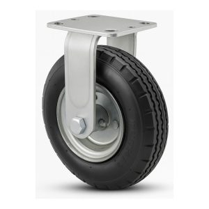 Rueda neumática fija IMSA 8x2.8 pulgadas, capacidad 300 lb (136 kg), de acero galvanizado y caucho resistente, ideal para plataformas industriales y carretillas.