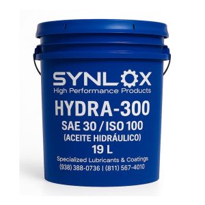 Aceite hidráulico SYNLOX HYDRA 300 AW SAE 30 ISO 100 en cubeta industrial, diseñado para maquinaria pesada