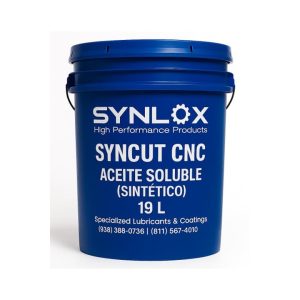 Aceite soluble sintético SYNLOX SYNCUT para maquinado CNC en cubeta azul de 19 litros.